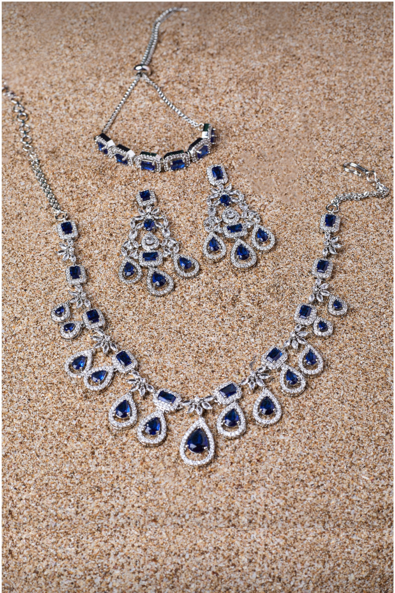 Blue Stone Jewelry Set –Necklace And Earrings With FREE Bracelet, Combo for Women | Wedding & Festive Wear