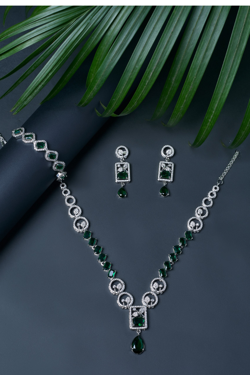 Necklace Set with Matching Earrings โ FREE Bracelet Included Elegant Green Drop Necklace Set |Perfect for Festive & Wedding Wear