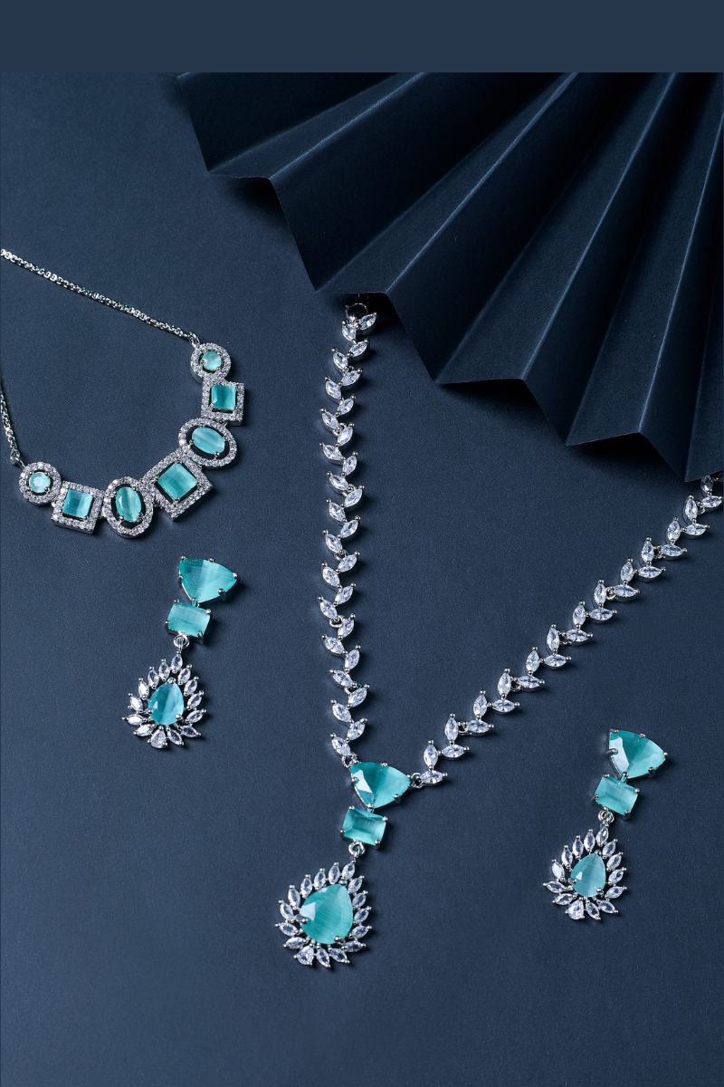 Mint Blue American Diamond Necklace Set With Earrings, And FREE Bracelet | Trendy Party Wear