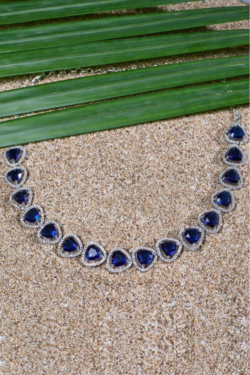 Blue Triangle Stone Necklace Set with Earrings And 1 FREE Bangle | Combo Offer Necklace Set