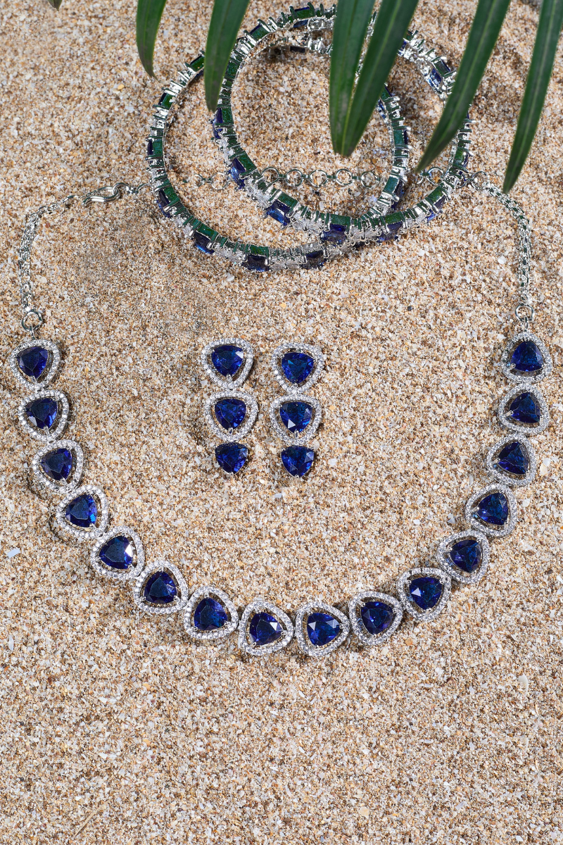 Blue Triangle Stone Necklace Set with Earrings And 1 FREE Bangle | Combo Offer Necklace Set