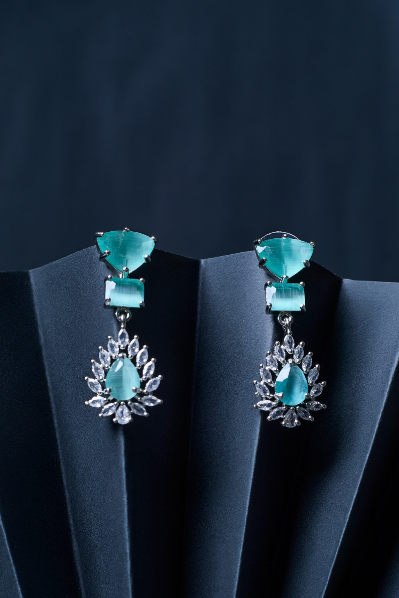 Mint Blue American Diamond Necklace Set With Earrings, And FREE Bracelet | Trendy Party Wear