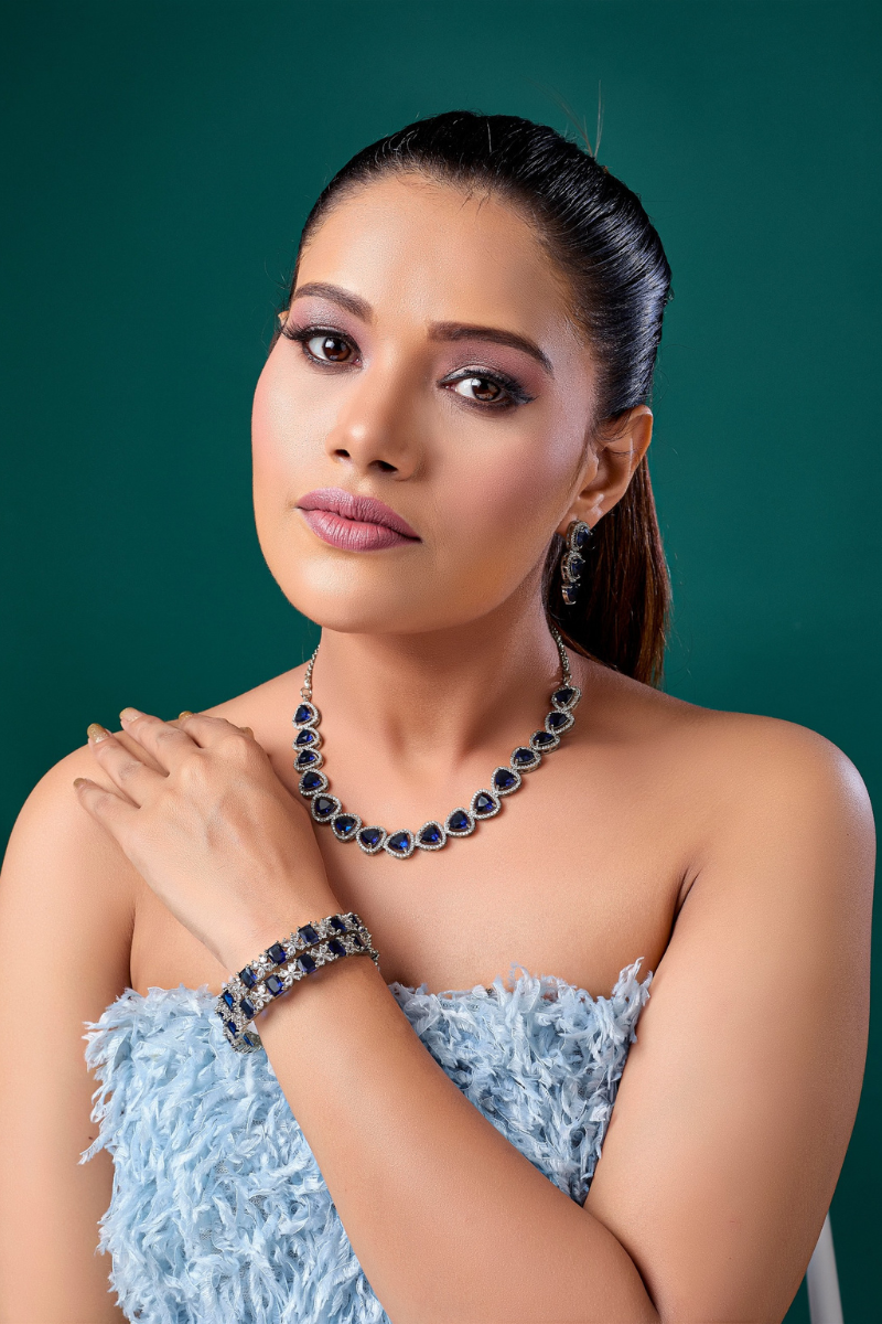 Blue Triangle Stone Necklace Set with Earrings And 1 FREE Bangle | Combo Offer Necklace Set