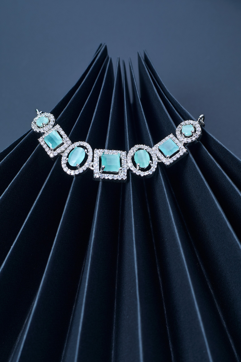 Mint Blue American Diamond Necklace Set With Earrings, And FREE Bracelet | Trendy Party Wear