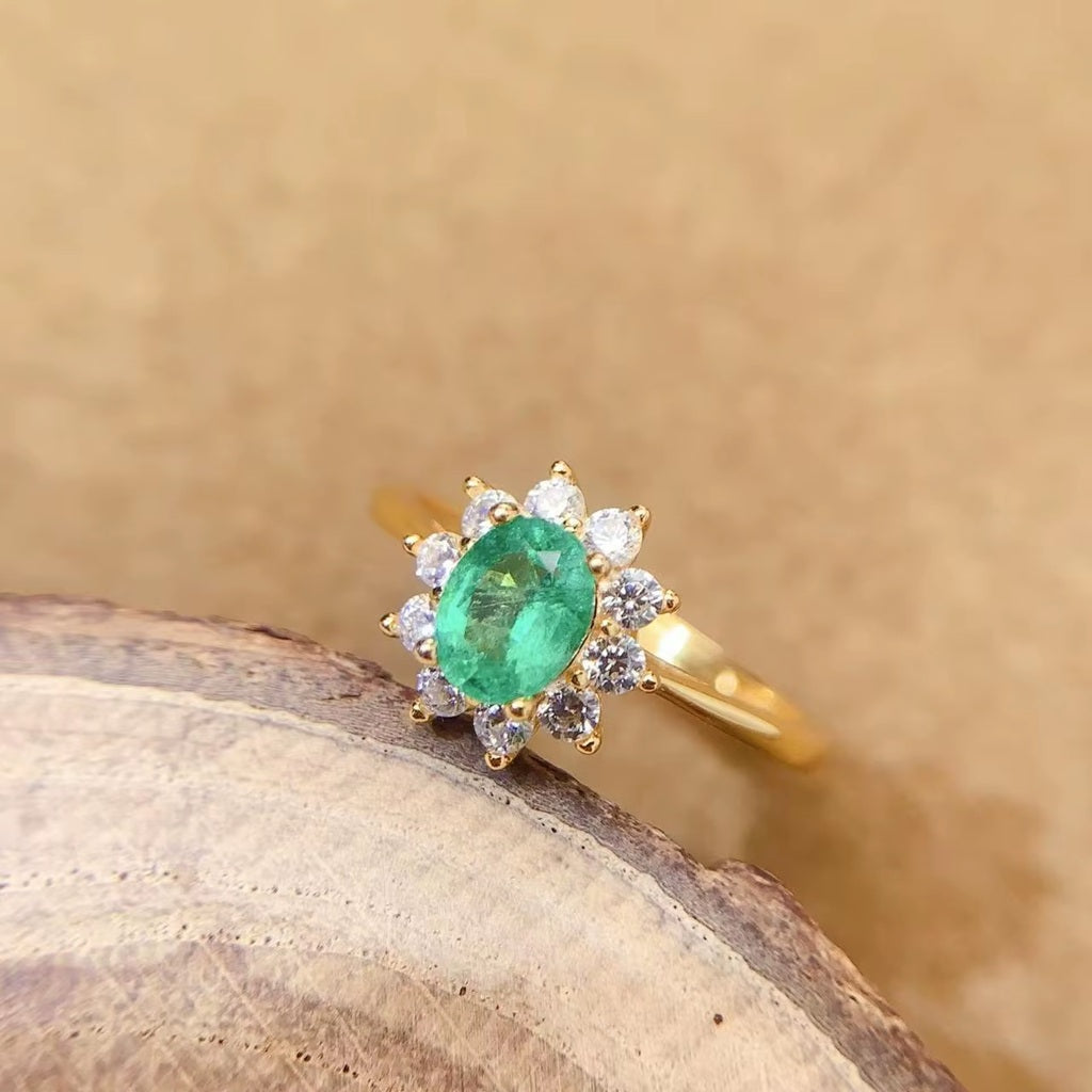 Natural Green Emerald Gemstone 925 Sterling Silver 18K Gold Plated Adjustable Ring for Women
