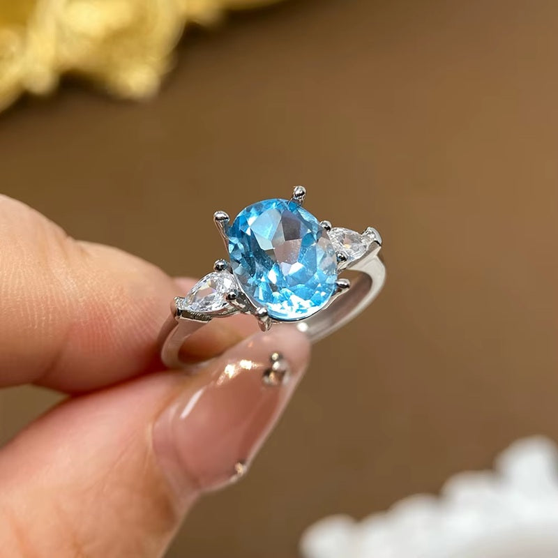 Sky Blue Topaz Ring for Women with Natural Light Blue Gemstone 925 Sterling Silver With Adjustable Size