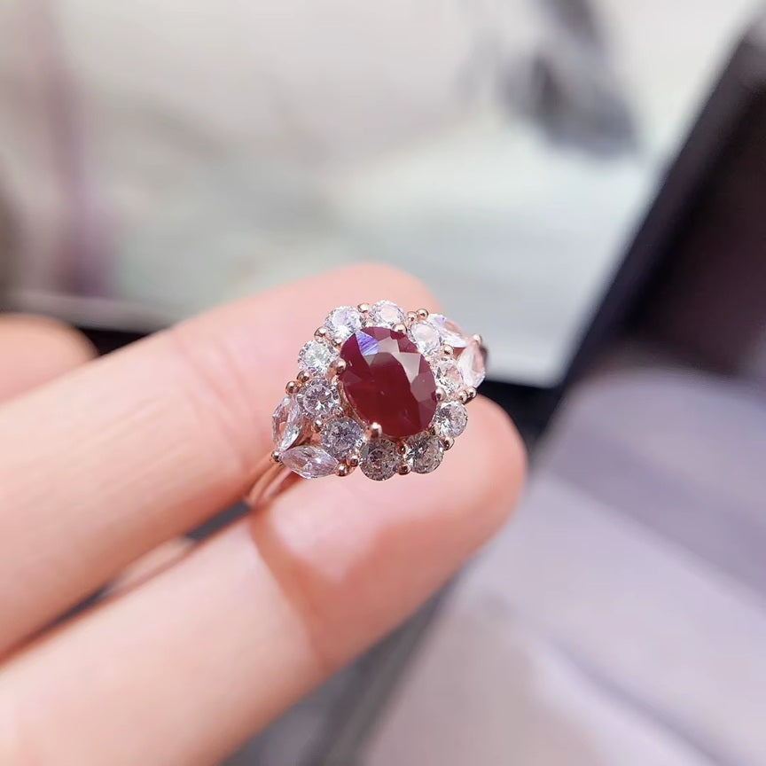New Design Luxury 925 Sterling Silver Rose Gold Plated Natural Ruby Adjustable Size Ring for Women