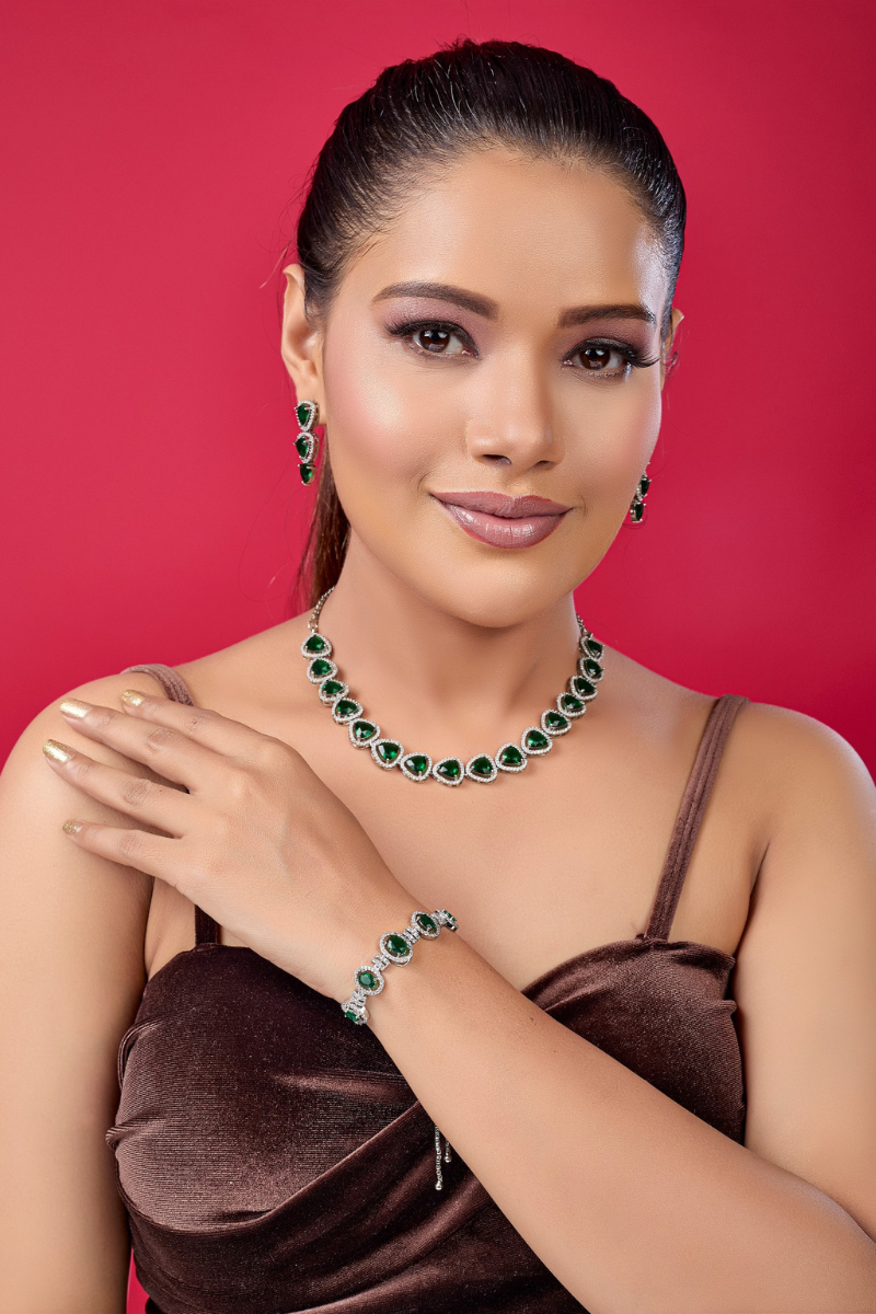 Green Stone Triangle Necklace Set with Earrings And One FREE Bracelet | Combo Offer