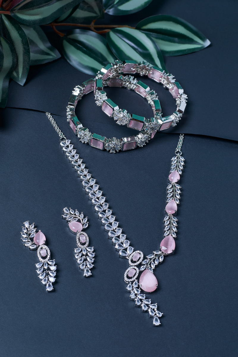 Special Combo: Stylish Necklace & Earrings + FREE Bangle ,Pink Teardrop Necklace Set
