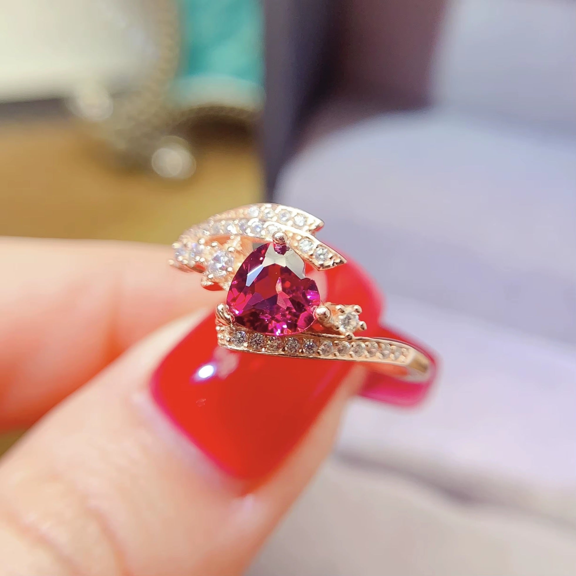 Real 925 Sterling Silver 18k Rose Gold Plated Natural Pyrope Garnet Heart Cut Adjustable Size Women Ring