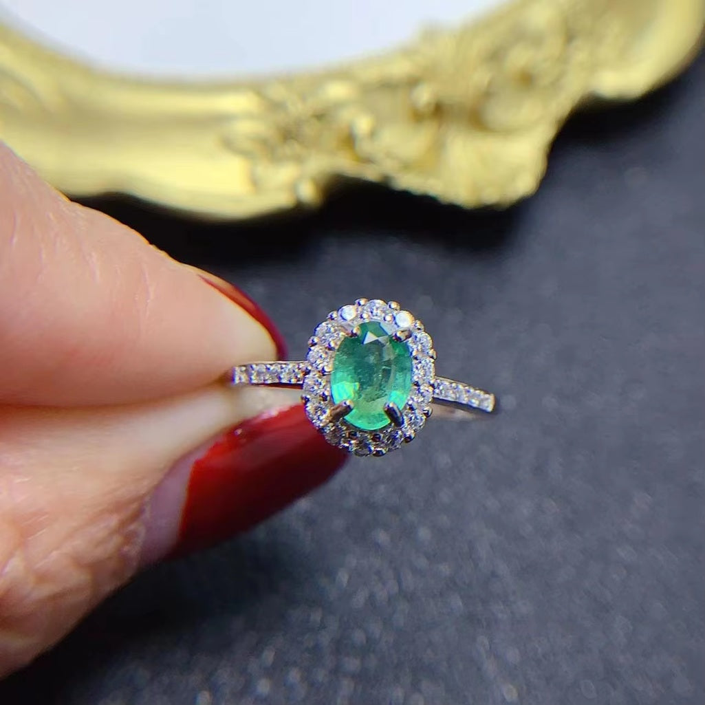 925 Sterling Silver Oval Cut Natural Green Emerald Rhodium Plated Adjustable Size Ring