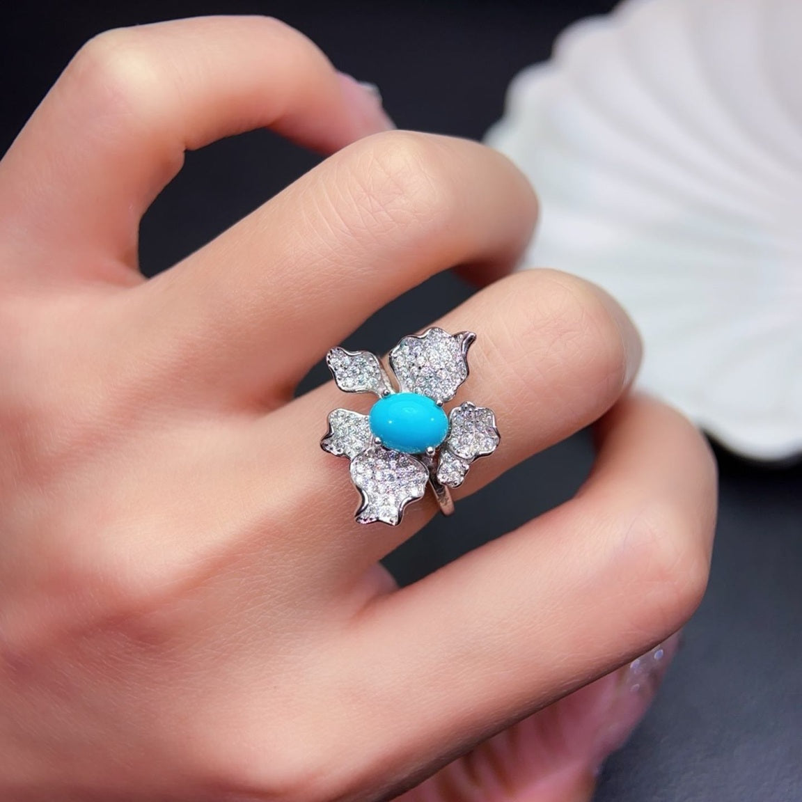 Sterling Silver 925 Turquoise Stone Rhodium Plated Adjustable Size Ring