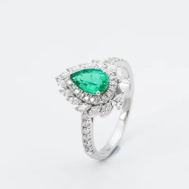 Pear Cut green Stone And White Diamond Studded Sterling Silver Rhodium Plated Adjustable Size Ring