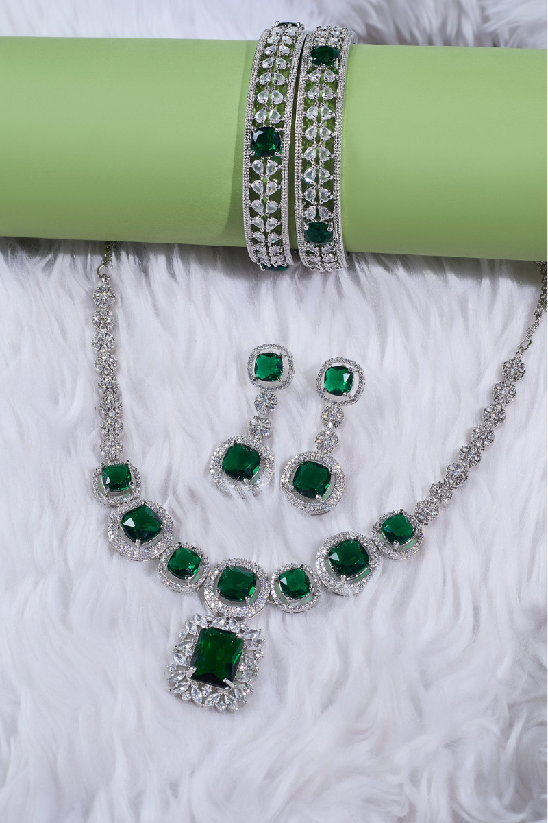Necklace & Earrings Set + FREE Matching Bangle | Limited-Time Deal, Green Emerald AD stone Necklace Set