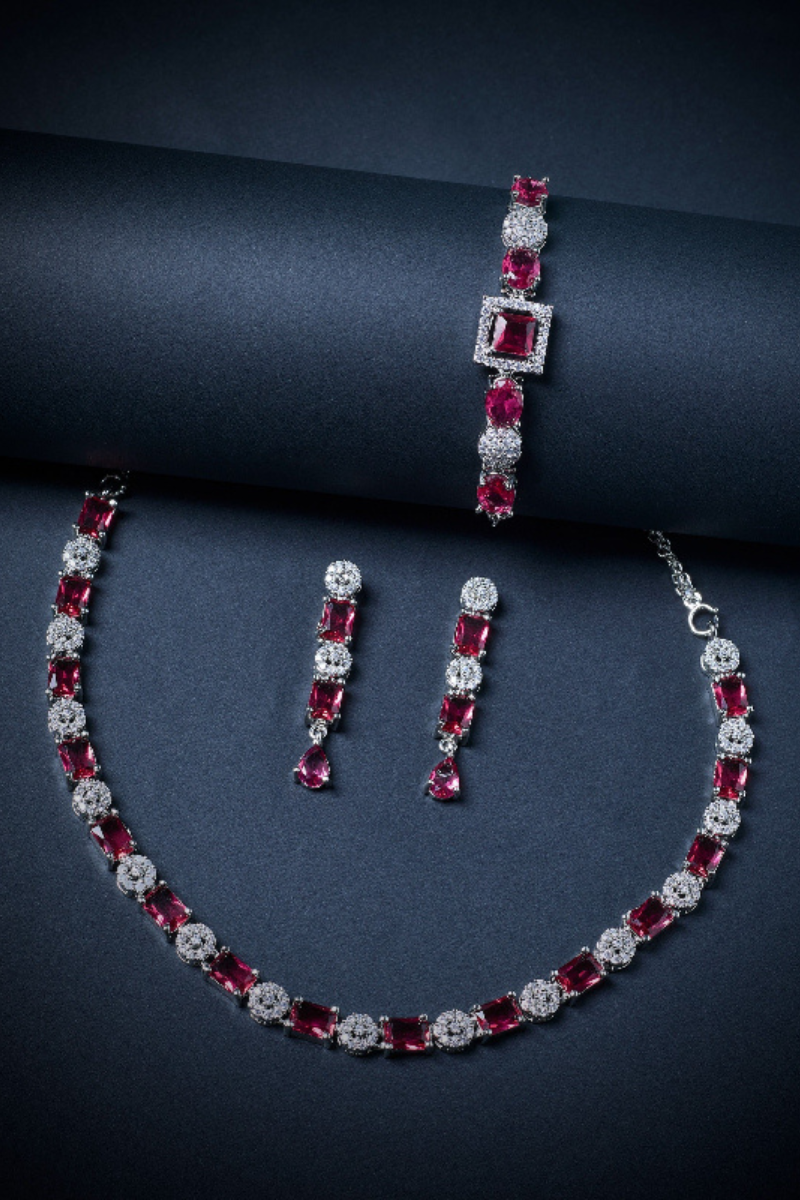 Ruby Red Necklace Set with Earrings, And FREE  Bracelet – Combo Sale | Ruby Red Stone Premium Party Wear Jewelry