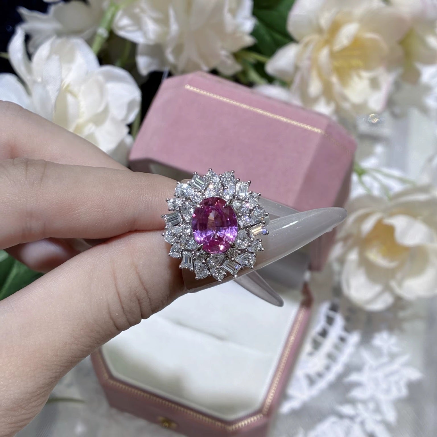 Oval Pink Sapphire And Diamond Stackable 925 Sterling Silver Rhodium Plated Adjustable Ring