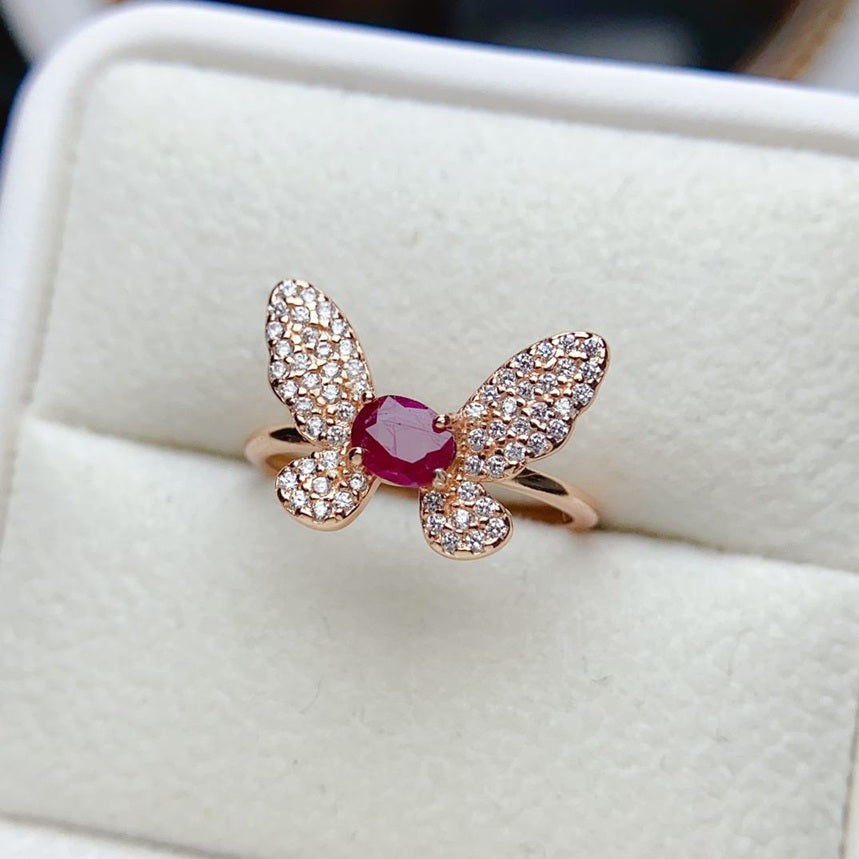 Natural Ruby Butterfly Gemstone Ring 925 Sterling Silver Rose Gold Plated Adjustable Size Ring