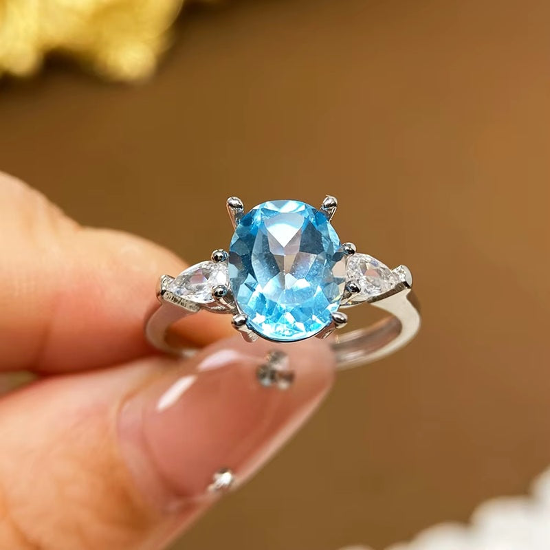 Sky Blue Topaz Ring for Women with Natural Light Blue Gemstone 925 Sterling Silver With Adjustable Size