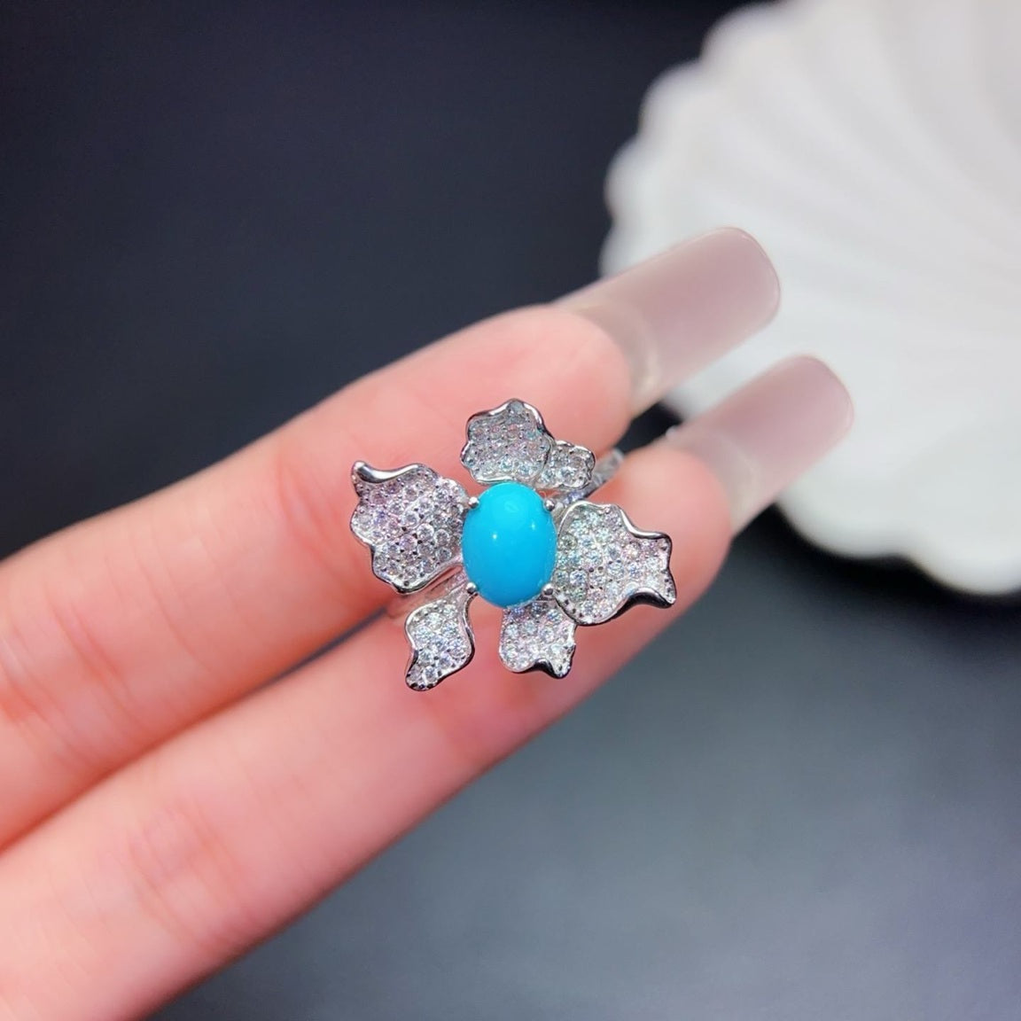 Sterling Silver 925 Turquoise Stone Rhodium Plated Adjustable Size Ring