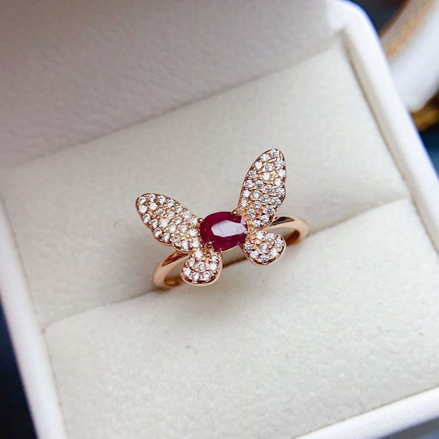 Natural Ruby Butterfly Gemstone Ring 925 Sterling Silver Rose Gold Plated Adjustable Size Ring