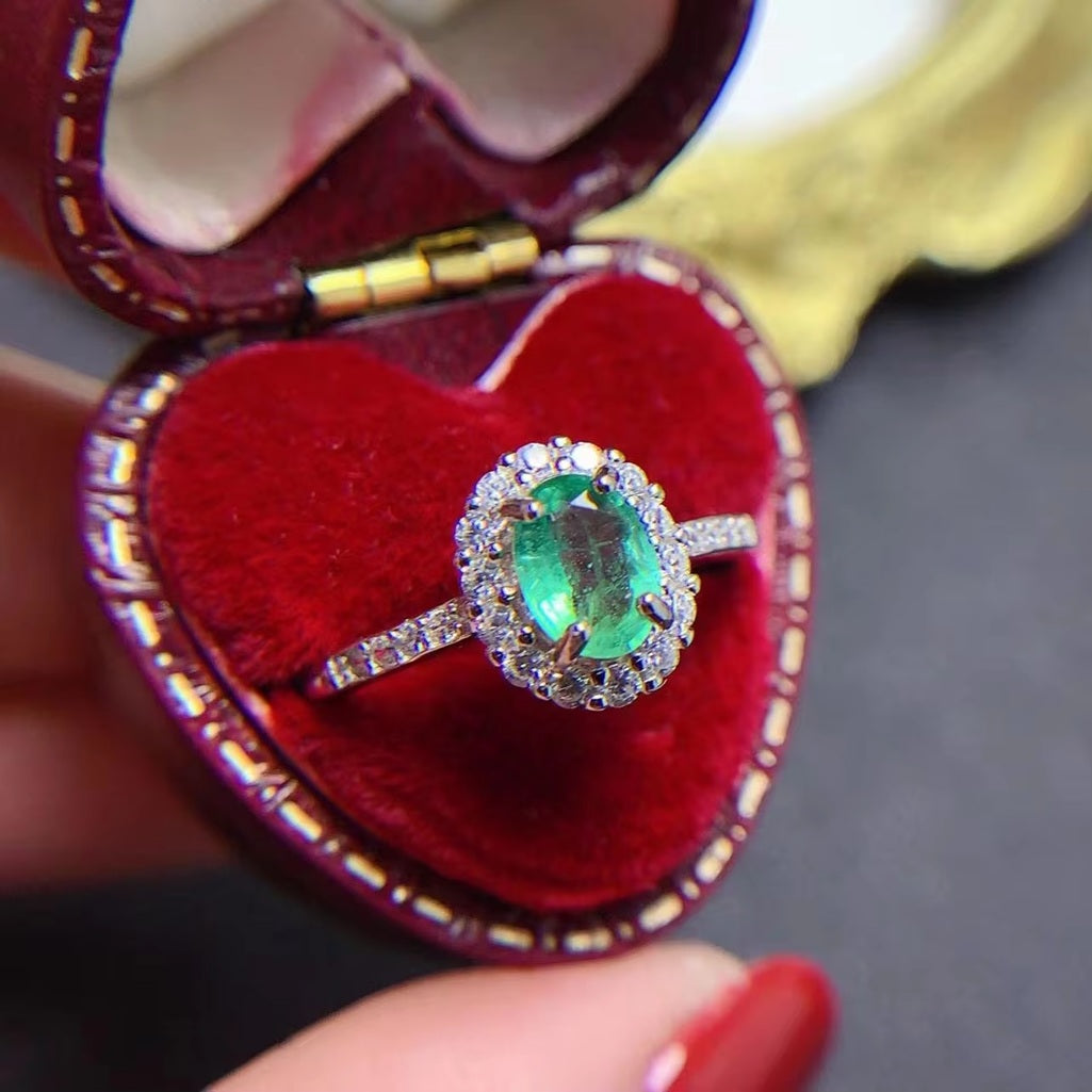 925 Sterling Silver Oval Cut Natural Green Emerald Rhodium Plated Adjustable Size Ring