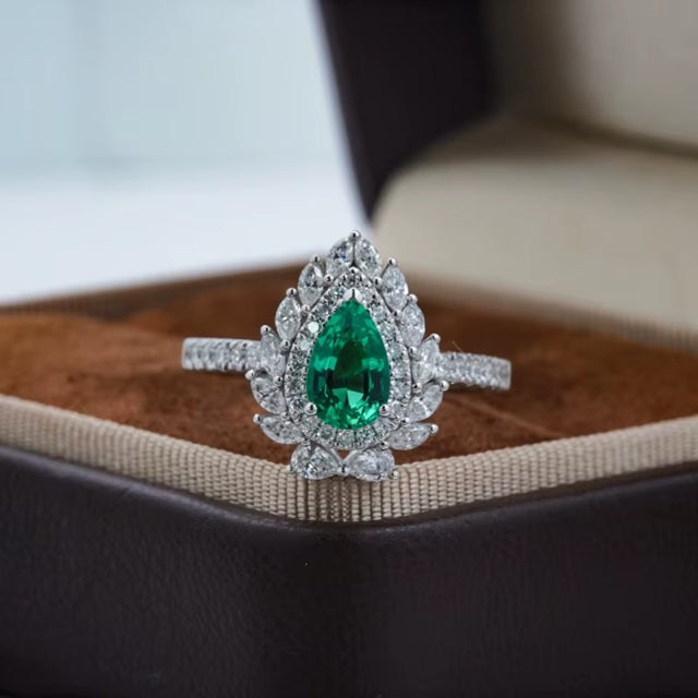 Pear Cut green Stone And White Diamond Studded Sterling Silver Rhodium Plated Adjustable Size Ring