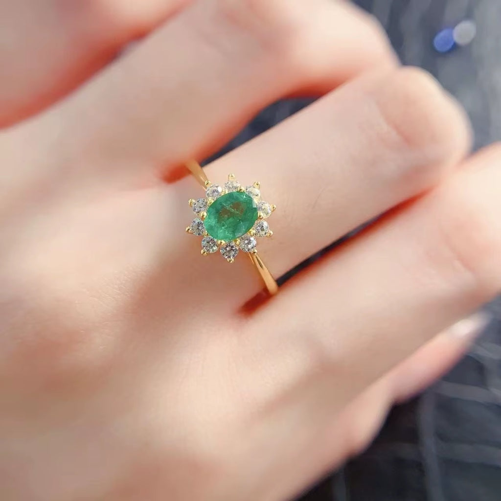 Natural Green Emerald Gemstone 925 Sterling Silver 18K Gold Plated Adjustable Ring for Women