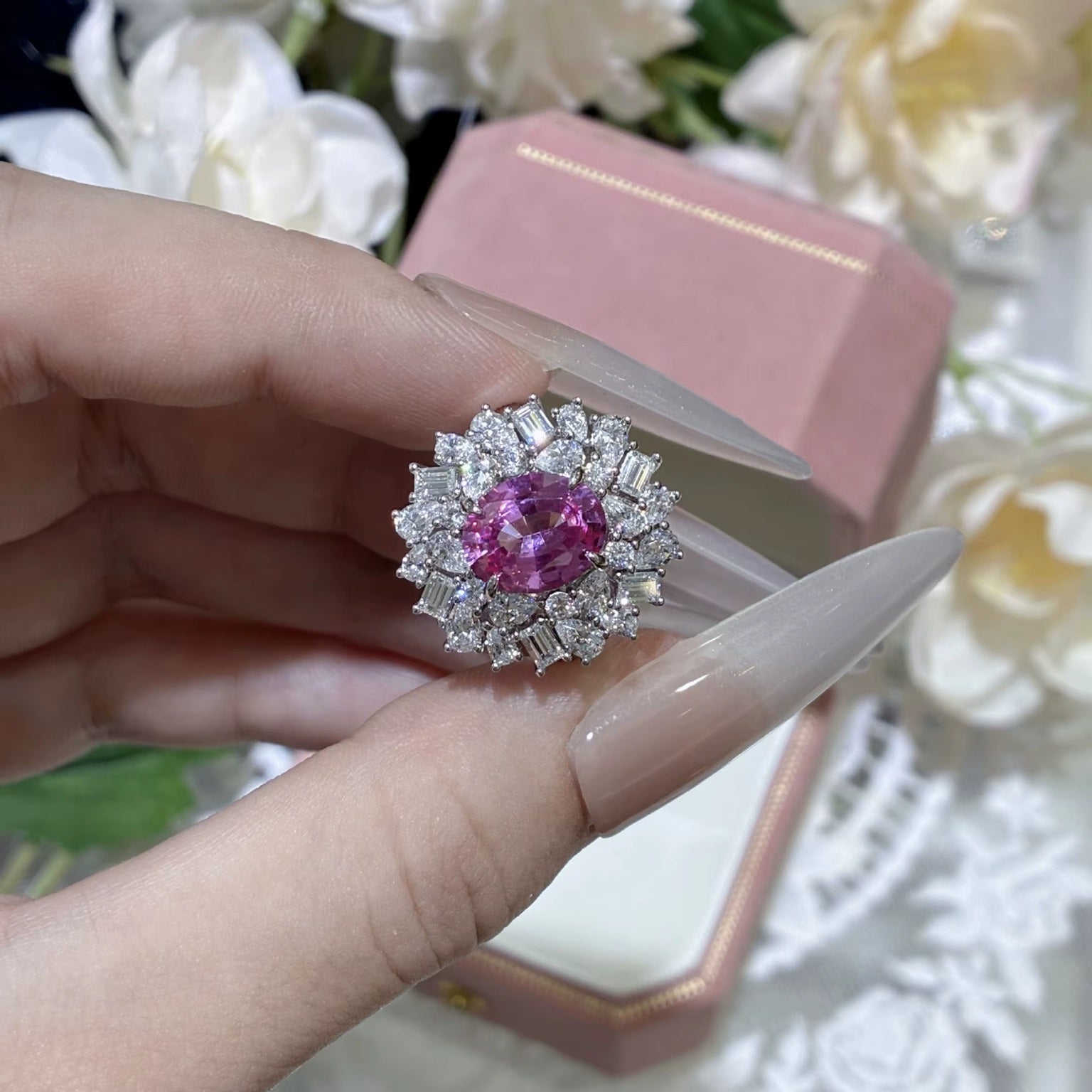 Oval Pink Sapphire And Diamond Stackable 925 Sterling Silver Rhodium Plated Adjustable Ring