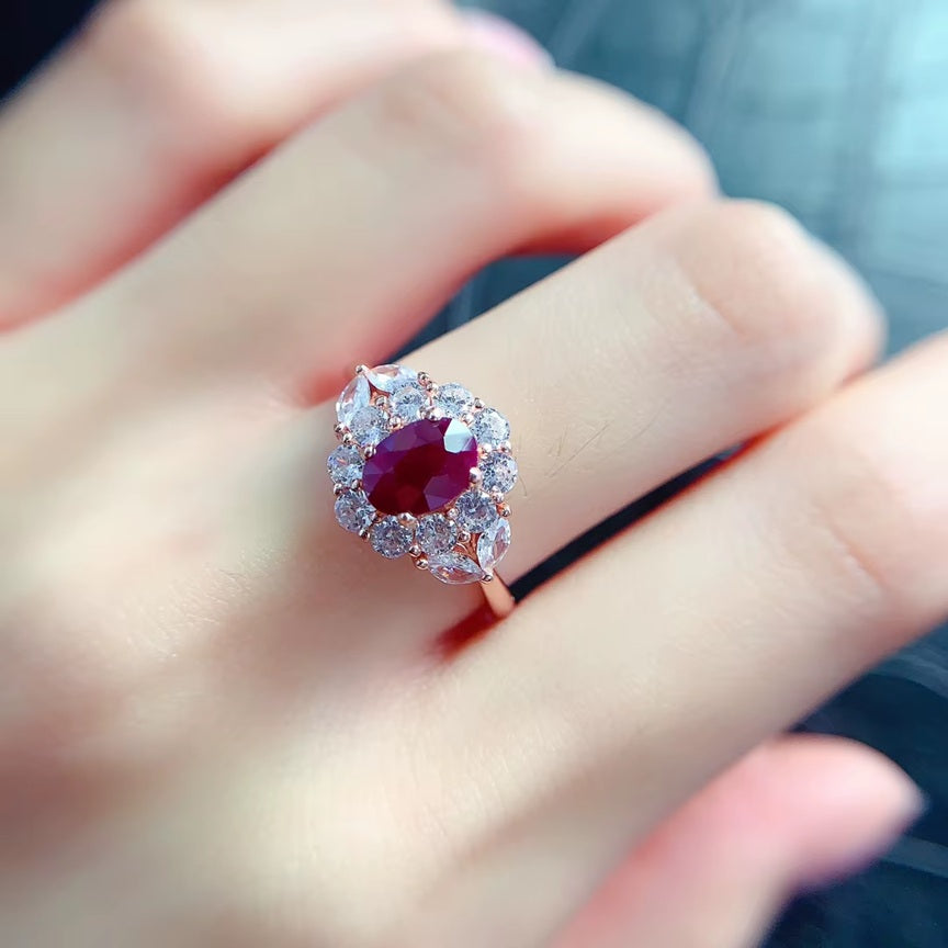 New Design Luxury 925 Sterling Silver Rose Gold Plated Natural Ruby Adjustable Size Ring for Women