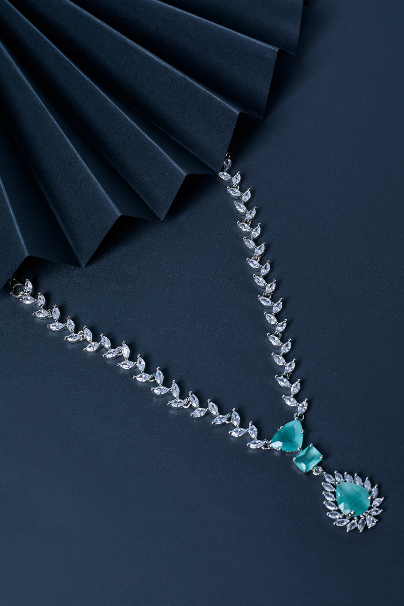 Mint Blue American Diamond Necklace Set With Earrings, And FREE Bracelet | Trendy Party Wear