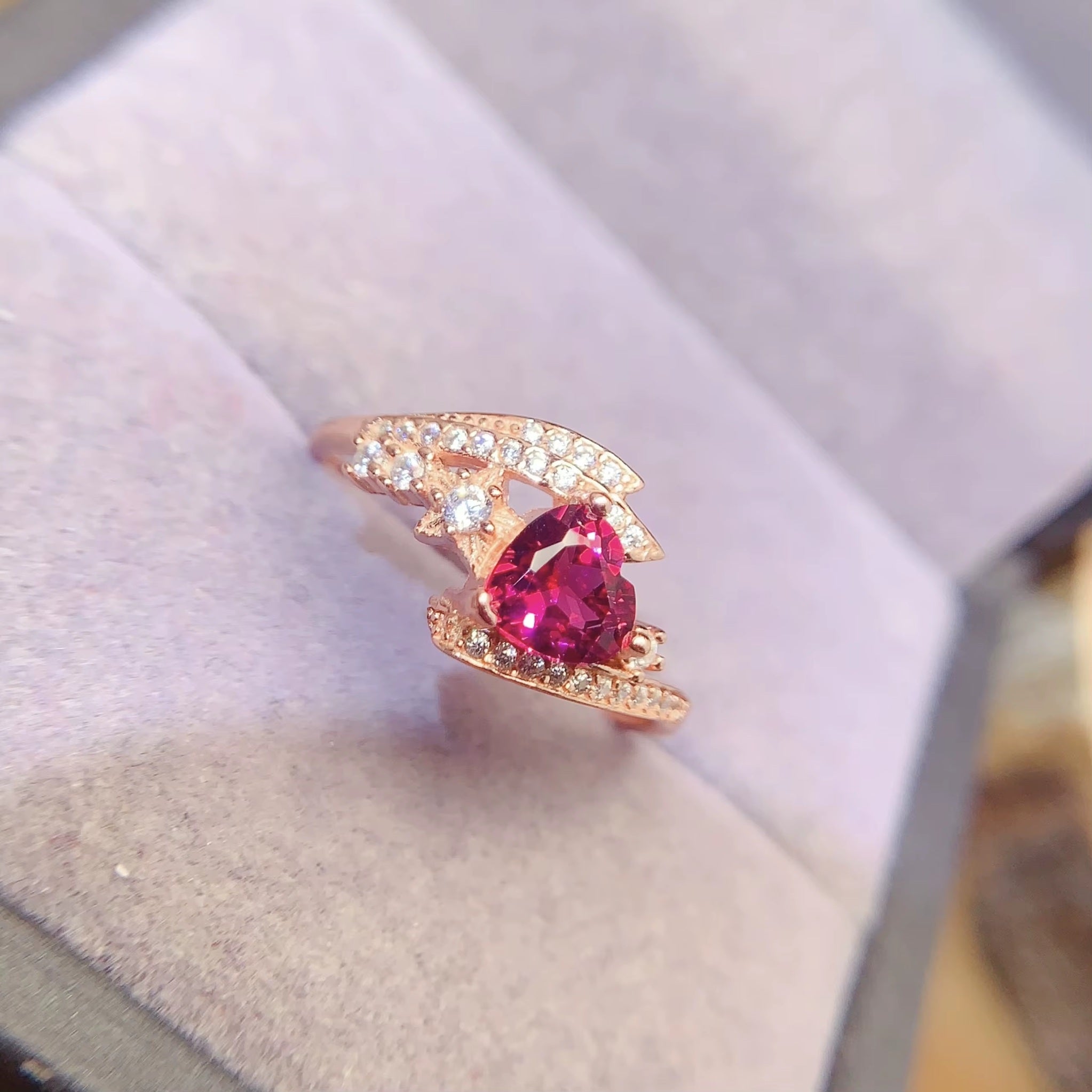 Real 925 Sterling Silver 18k Rose Gold Plated Natural Pyrope Garnet Heart Cut Adjustable Size Women Ring