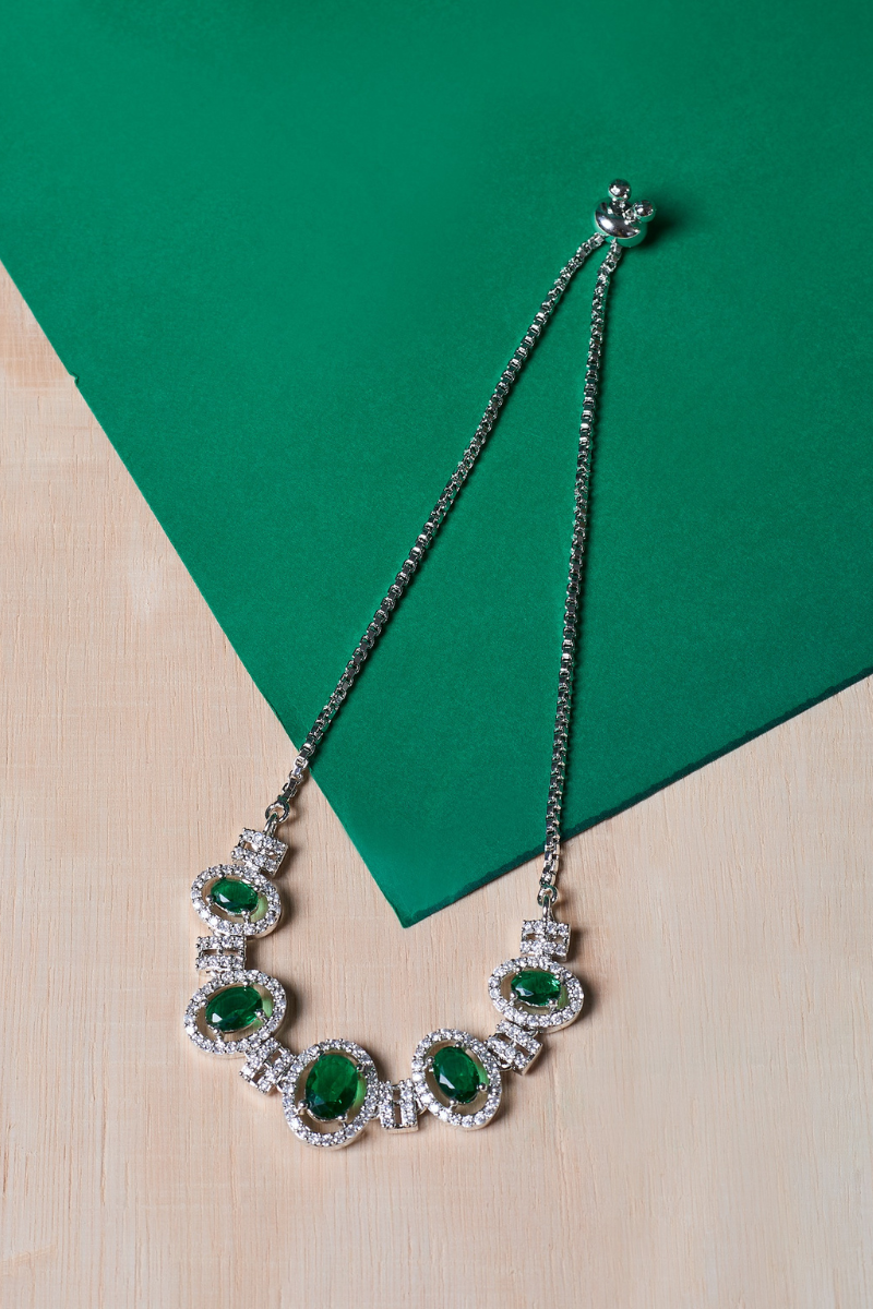 Green Stone Triangle Necklace Set with Earrings And One FREE Bracelet | Combo Offer