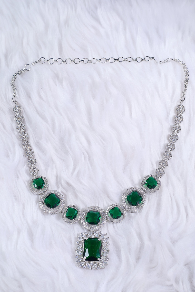 Necklace & Earrings Set + FREE Matching Bangle | Limited-Time Deal, Green Emerald AD stone Necklace Set