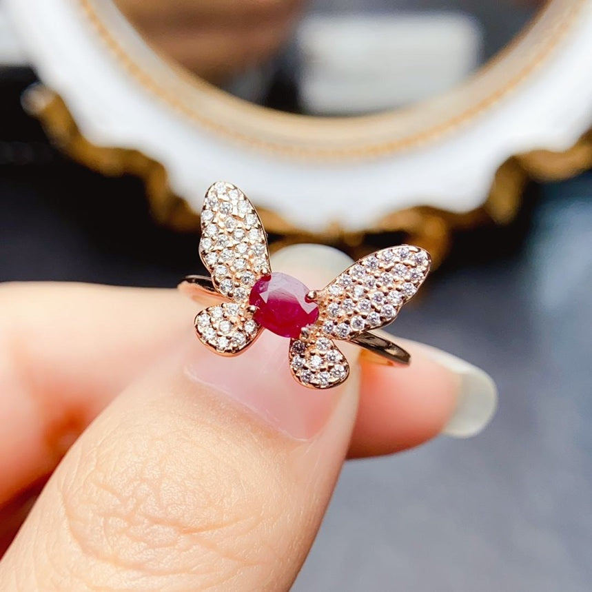 Natural Ruby Butterfly Gemstone Ring 925 Sterling Silver Rose Gold Plated Adjustable Size Ring