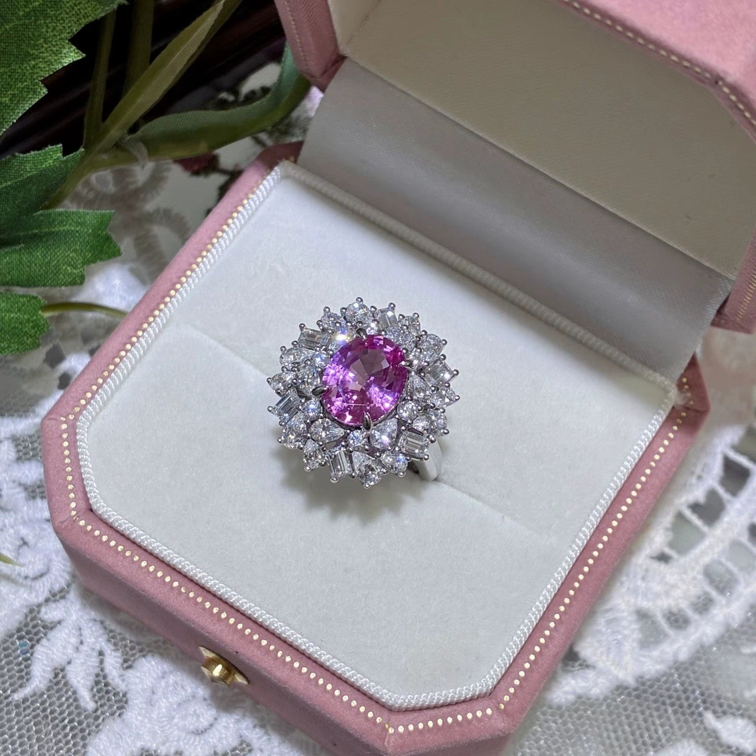 Oval Pink Sapphire And Diamond Stackable 925 Sterling Silver Rhodium Plated Adjustable Ring