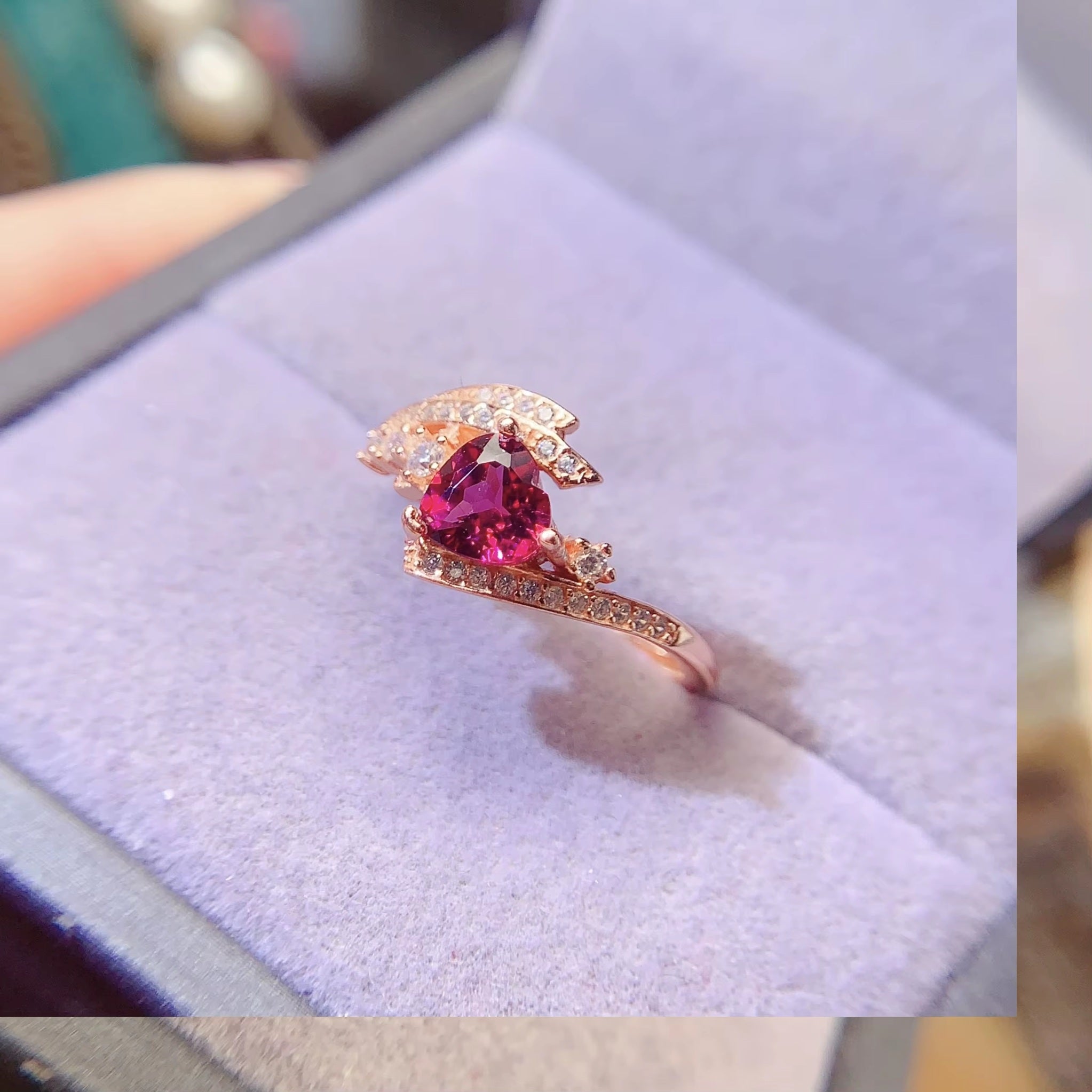 Real 925 Sterling Silver 18k Rose Gold Plated Natural Pyrope Garnet Heart Cut Adjustable Size Women Ring