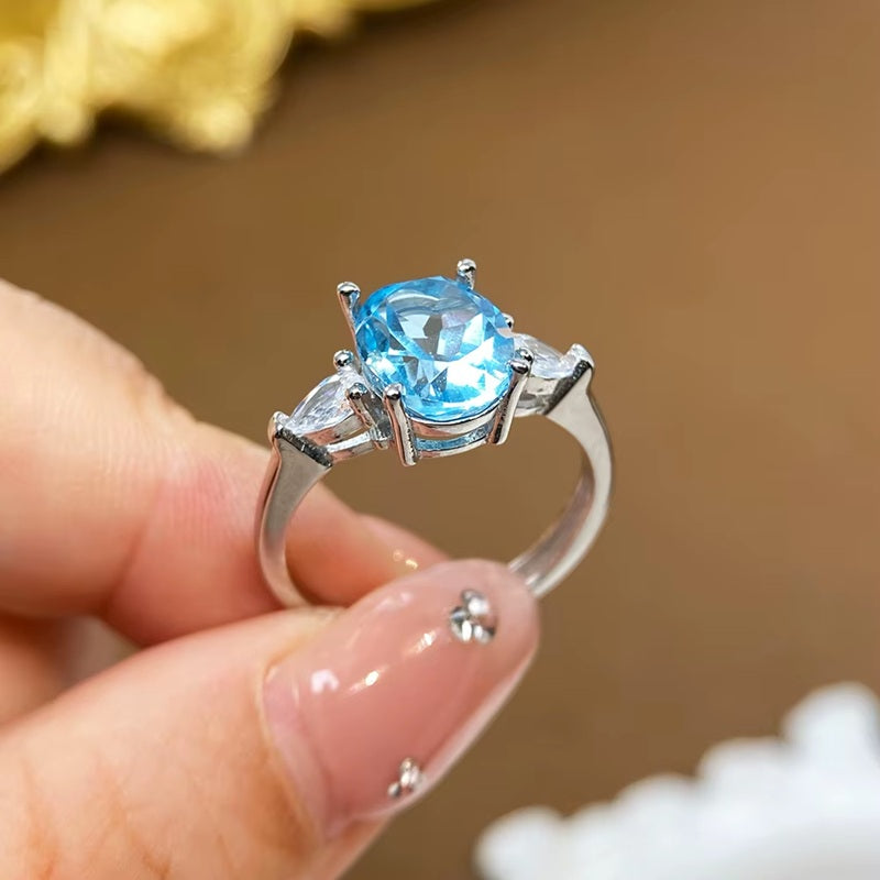 Sky Blue Topaz Ring for Women with Natural Light Blue Gemstone 925 Sterling Silver With Adjustable Size