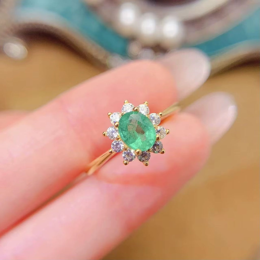 Natural Green Emerald Gemstone 925 Sterling Silver 18K Gold Plated Adjustable Ring for Women