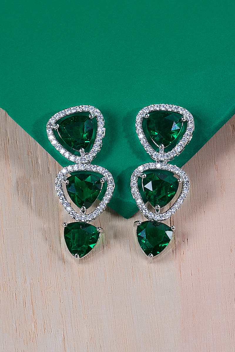 Green Stone Triangle Necklace Set with Earrings And One FREE Bracelet | Combo Offer