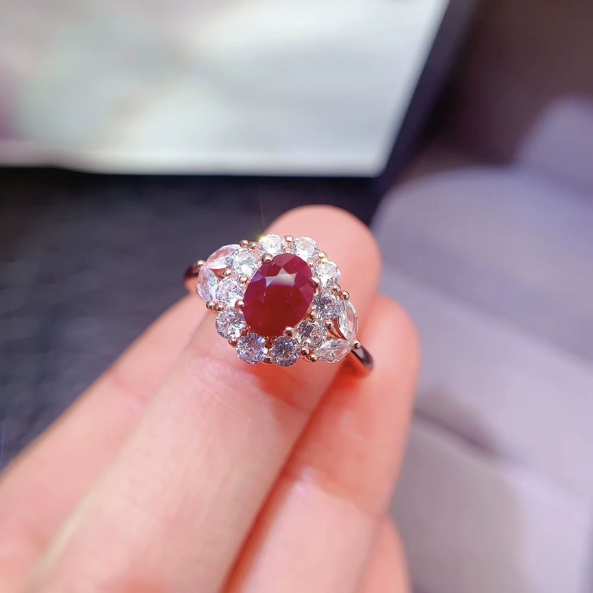 New Design Luxury 925 Sterling Silver Rose Gold Plated Natural Ruby Adjustable Size Ring for Women