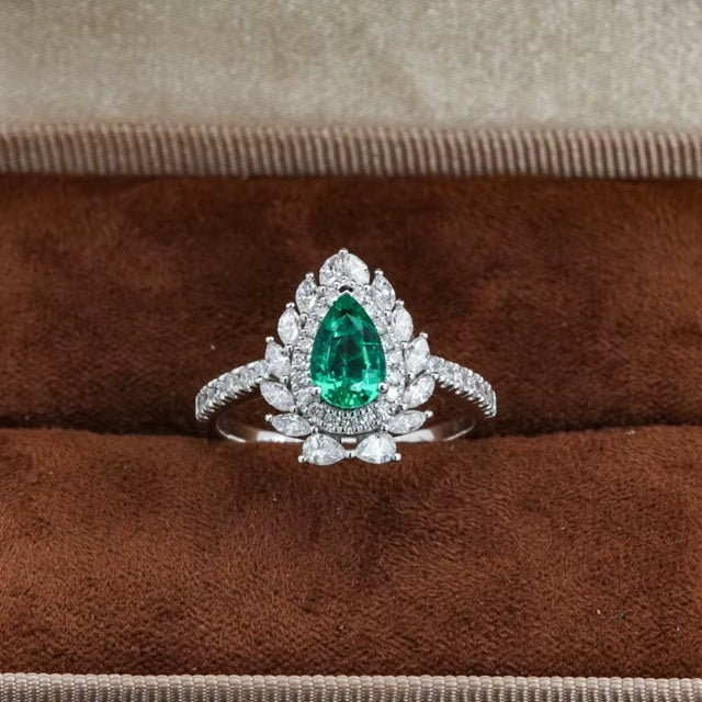 Pear Cut green Stone And White Diamond Studded Sterling Silver Rhodium Plated Adjustable Size Ring