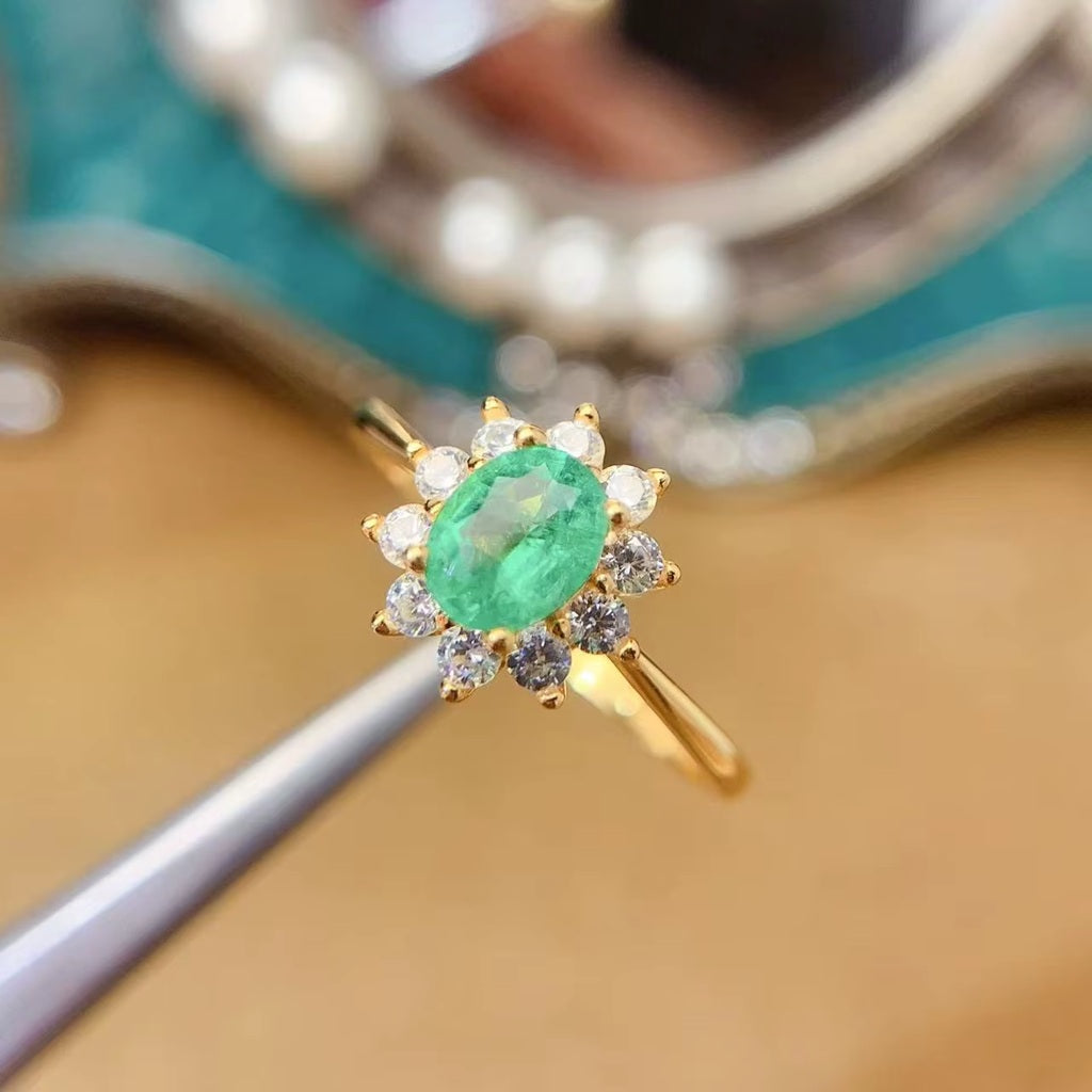 Natural Green Emerald Gemstone 925 Sterling Silver 18K Gold Plated Adjustable Ring for Women