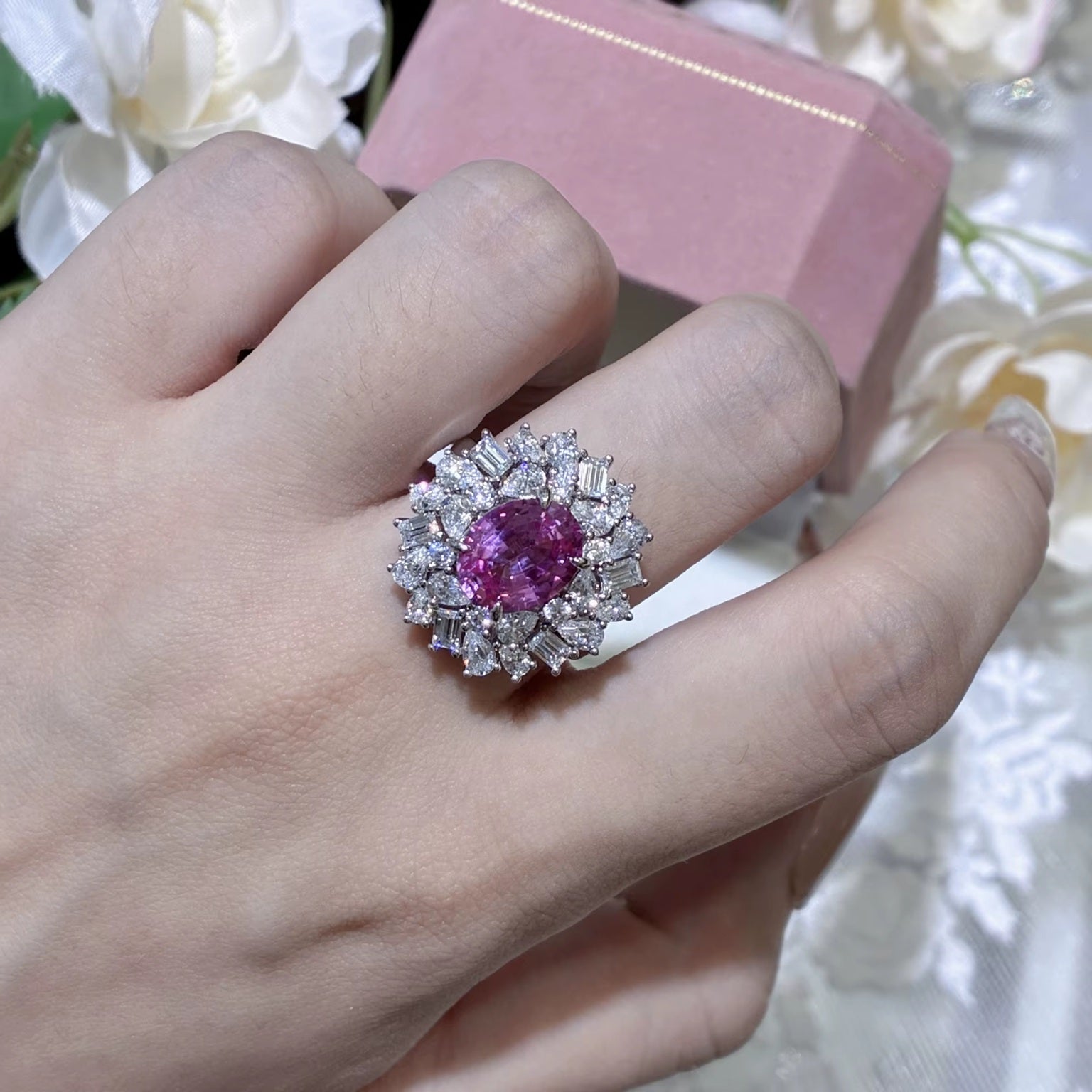 Oval Pink Sapphire And Diamond Stackable 925 Sterling Silver Rhodium Plated Adjustable Ring