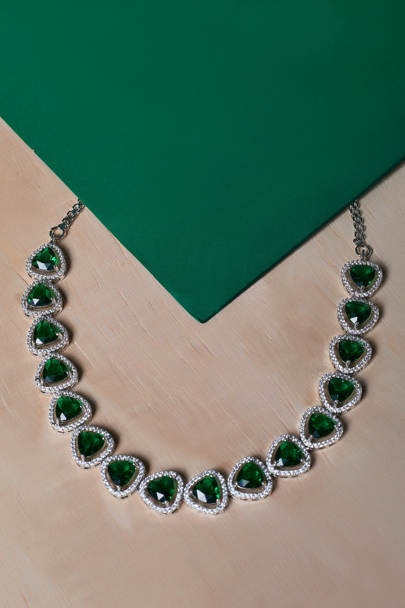 Green Stone Triangle Necklace Set with Earrings And One FREE Bracelet | Combo Offer