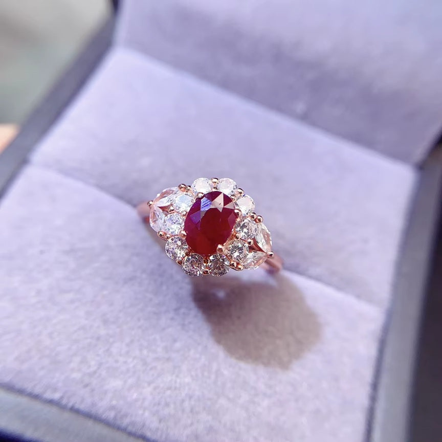 New Design Luxury 925 Sterling Silver Rose Gold Plated Natural Ruby Adjustable Size Ring for Women