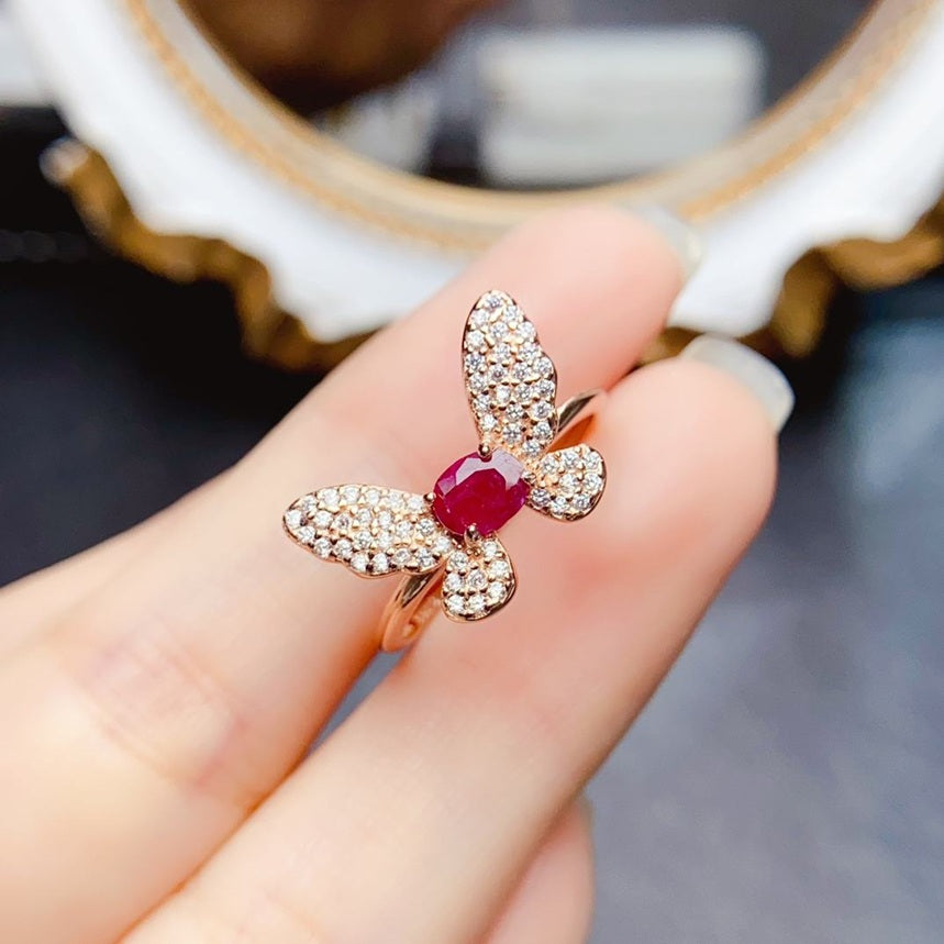Natural Ruby Butterfly Gemstone Ring 925 Sterling Silver Rose Gold Plated Adjustable Size Ring
