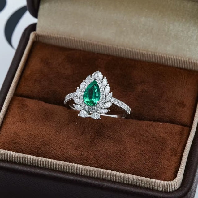 Pear Cut green Stone And White Diamond Studded Sterling Silver Rhodium Plated Adjustable Size Ring