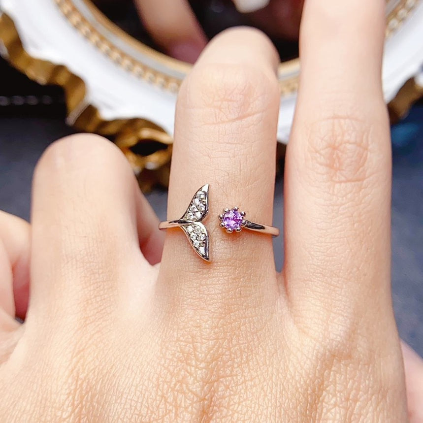 925 Sterling Silver Natural Purple Stone And Rhodium Plated Adjustable Size Ring