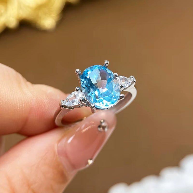 Sky Blue Topaz Ring for Women with Natural Light Blue Gemstone 925 Sterling Silver With Adjustable Size
