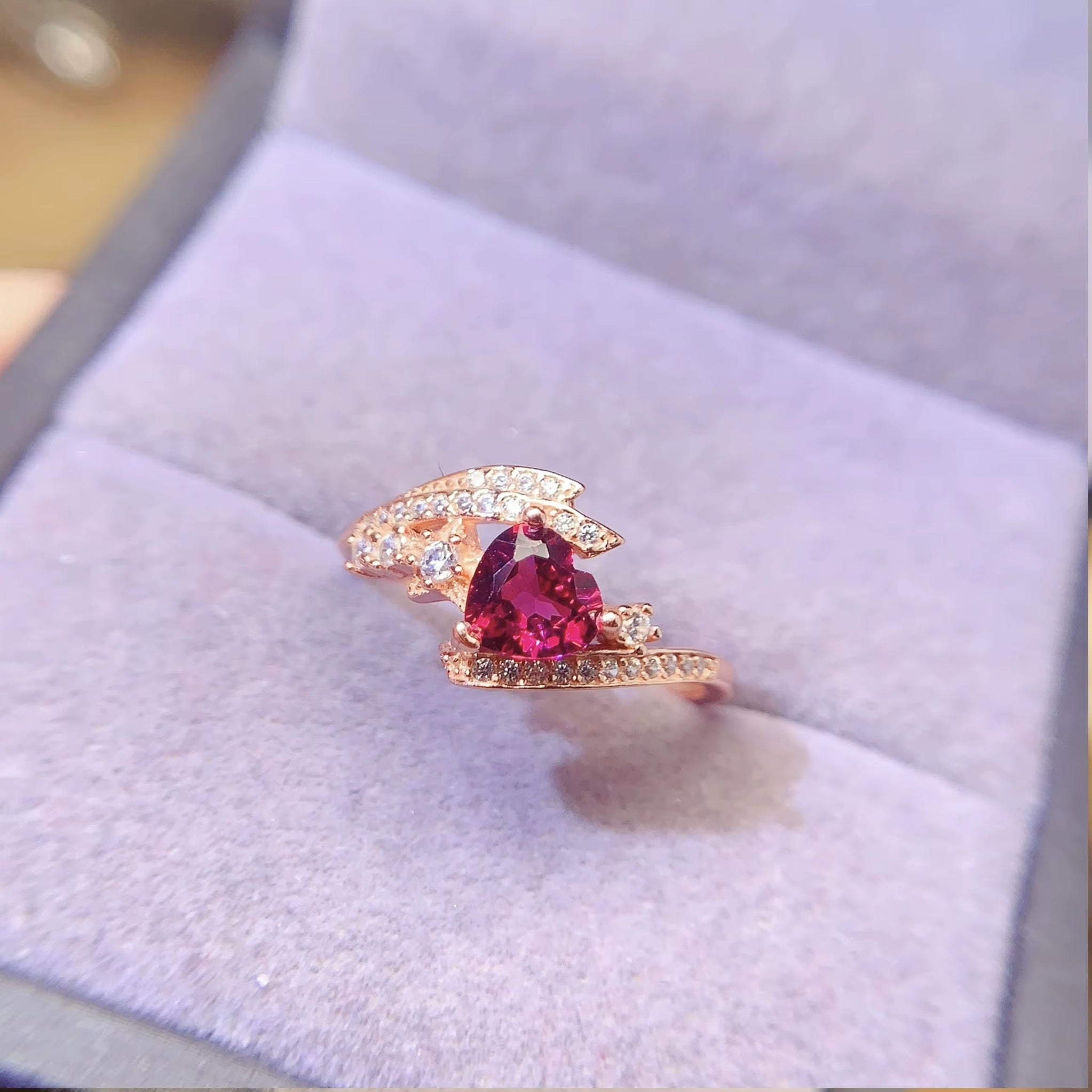 Real 925 Sterling Silver 18k Rose Gold Plated Natural Pyrope Garnet Heart Cut Adjustable Size Women Ring